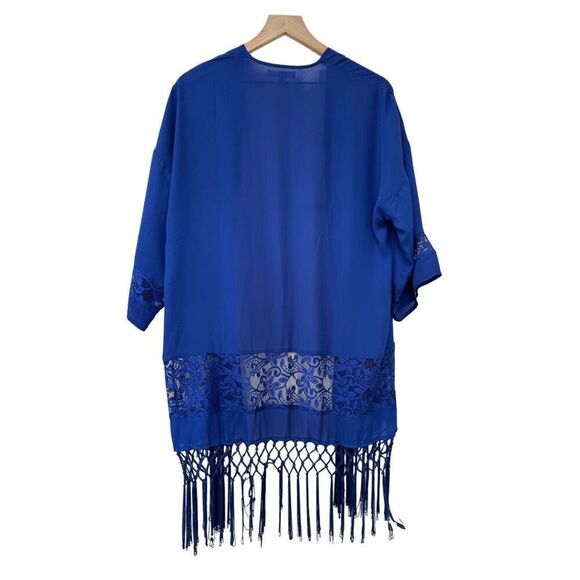 Ya Los Angeles Small women’s open duster cobalt royal blue boho fringe tassel 3/ - Picture 2 of 6